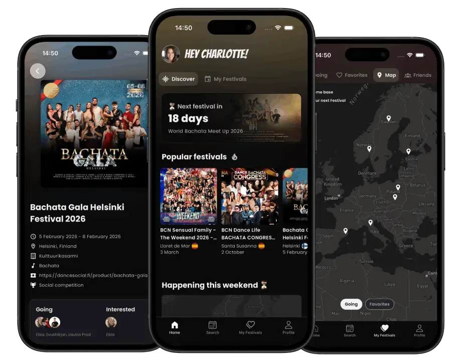 WeDance Festivals app showcasing festival discovery features
