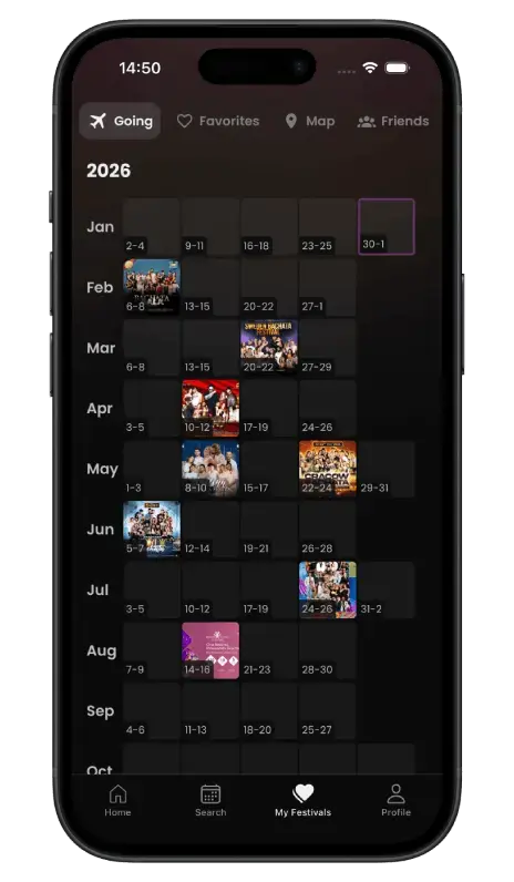 Year-at-a-glance calendar view of saved festivals
